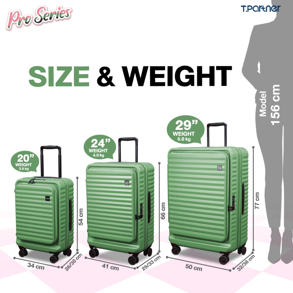 [รับประกัน3ปี ] Tpartner กระเป๋าเดินทางล้อลาก รุ่น Pro Series เฟรมซิปฝาเปิดหน้า ซิปขยายข้าง วัสดุPC100% ล้อ Hinomoto แท้