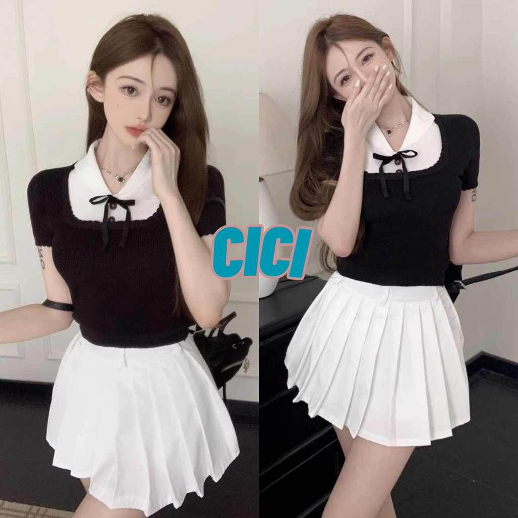 ส่งทันที Cici(NO. 2500)เสื้อไหมพรมแขนสั้นคอบัว สไตล์เกาหลี แถมเข็มกลัดโบว์