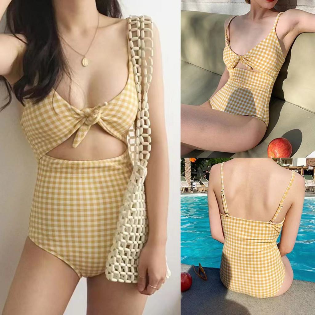 vintage bikini  ชุดว่ายน้ำวันพีช เอวสูง น่ารัก สีเหลือง ผ้าเนื้อดี🚚 พร้อมส่งในไทย #0028