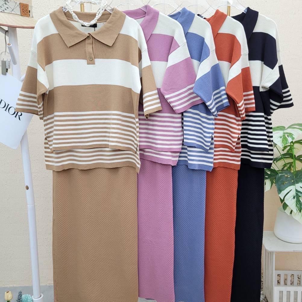 เซ็ตเสื้อคอปกลายริ้ว+กระโปรงยาว(s524)