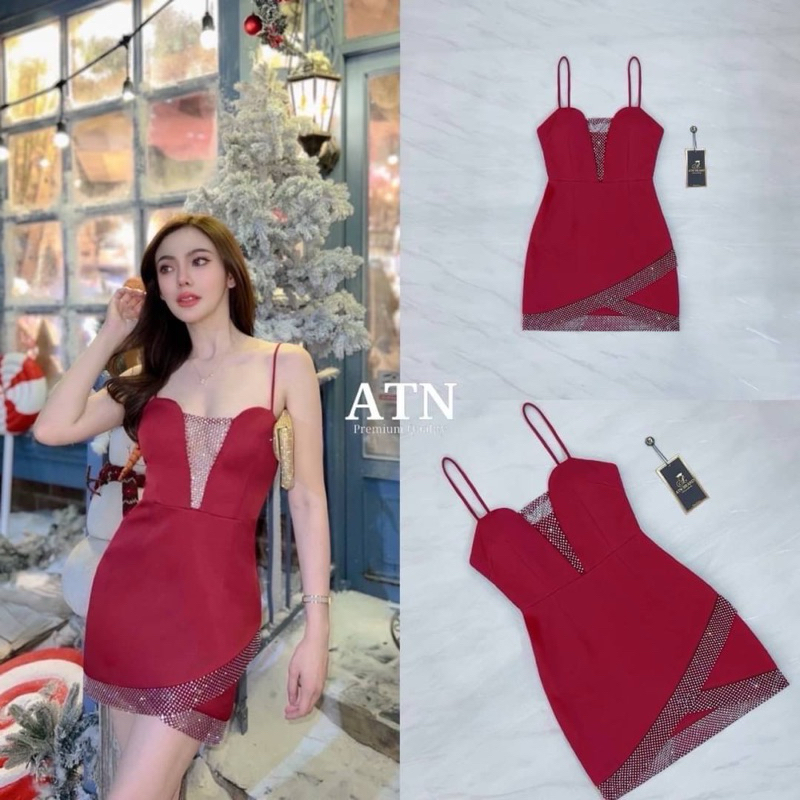 (พร้อมส่ง) ATN23 สวยแตกแตนมากค่ะซิส เดรสสายเดี่ยวสีแดง เว้าอกแต่งตาข่ายเพชรวิบวับเล่นไฟ