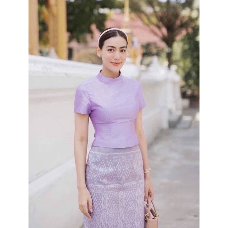 เซตผ้าลายไทยสีม่วงแบบคิมใส่งานป้าย
