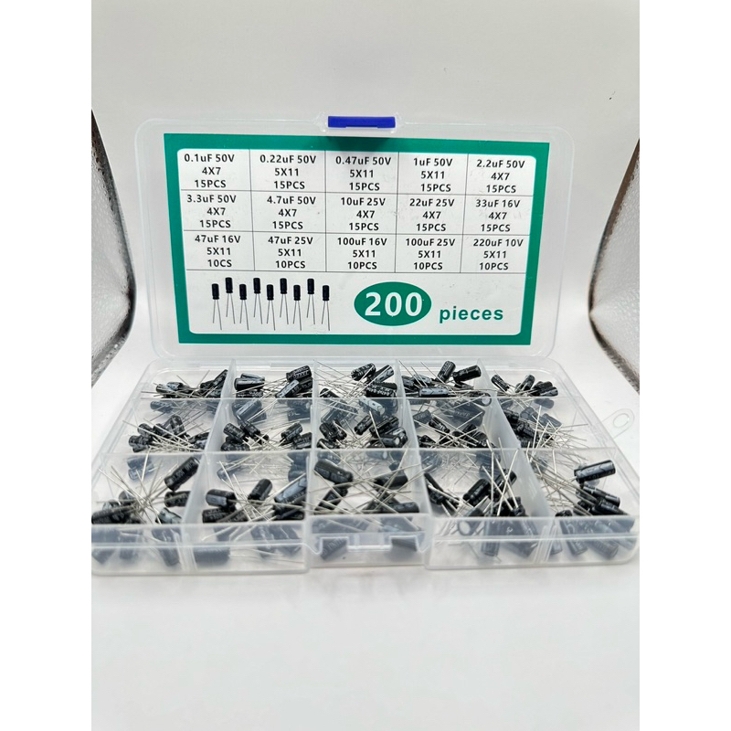 200ชิ้น พร้อมกล่อง Electrolytic Capacitors Kit 0.1uF 50V  0.22uF 50V 0.47uF 50V 1uF 50V 2.2uF 50V 3.