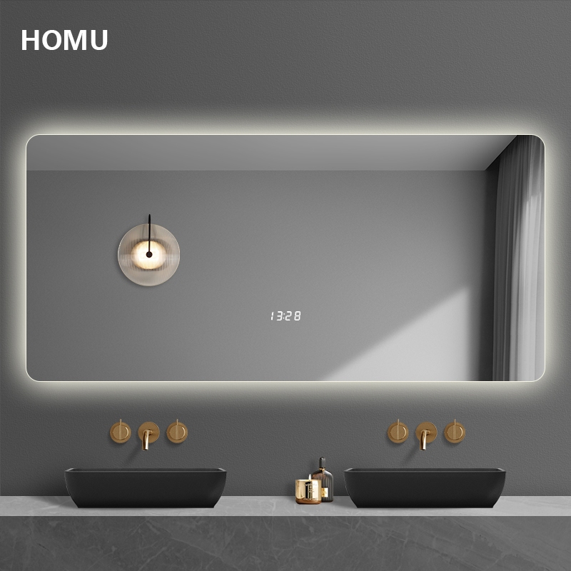 HOMU LEDกระจกห้องน้ำฉริยะควบคุมด้วยการสัมผัส ไฟ ฟังก์ชันล้างหมอก แสดงเวลาและอุณหภูมิ ขนาด 70*90/100*75/120*75ซม
