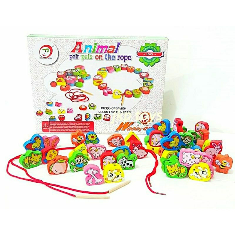 ของเล่นไม้ร้อยเชือก ชุดร้อยเชือกสัตว์และผลไม้ ฝึกกล้ามเนื้อมือ สายตา