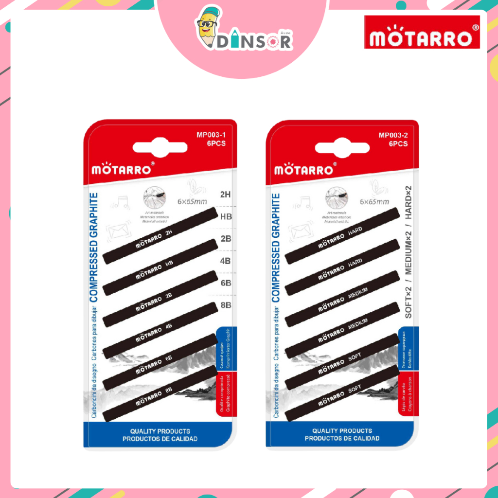MOTARRO แท่งกราไฟท์ เกรยอง สีชอล์คแท่ง แท่งชาร์โคล MP003-1 (2H-8B) , MP003-2 (Soft/Medium/Hard) แพ็ค 6 แท่ง