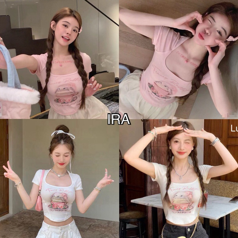 BY IRA (602) Cinnamon Crop Top เสื้อยืดแขนสั้น คอยู เข้ารูป พิมพ์ลายกระต่าย สีชมพู แฟชั่นฤดูร้อน สําหรับผู้หญิง