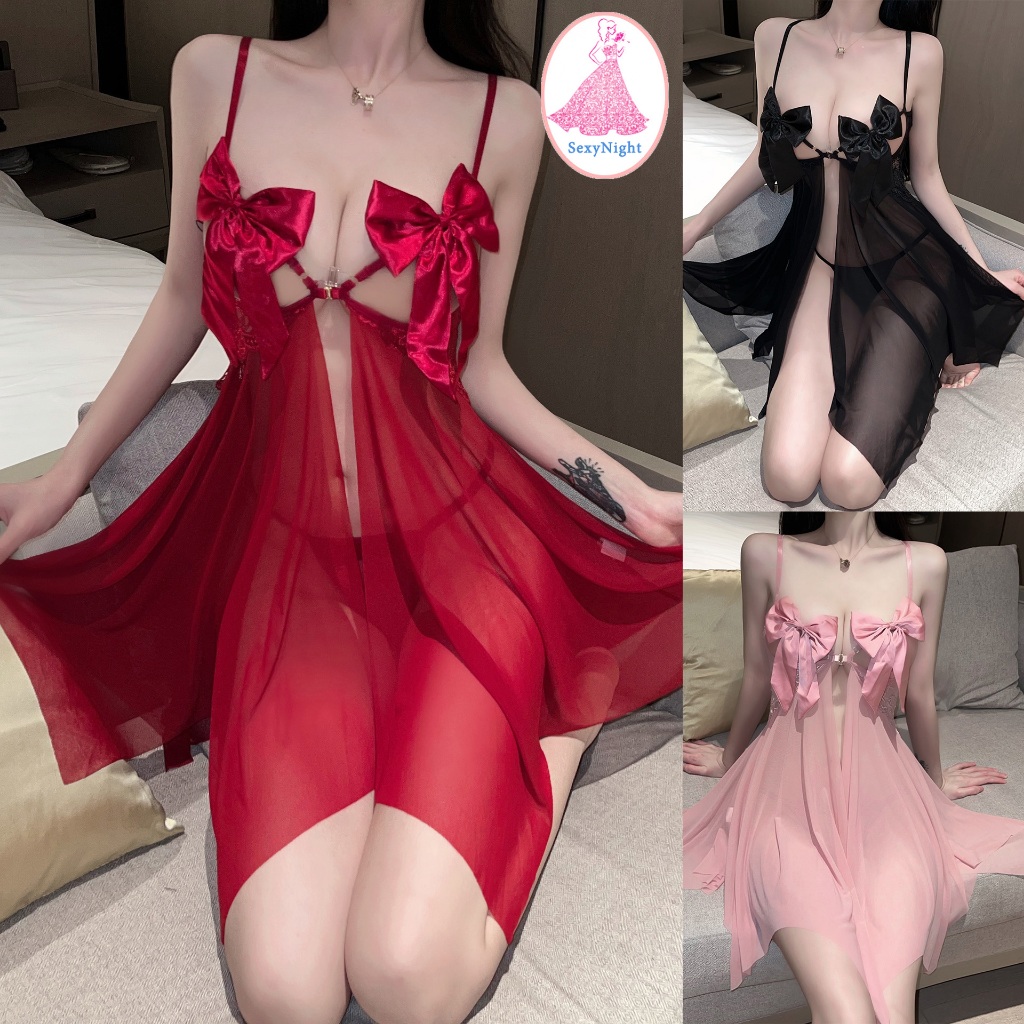 SexyNight 💞💞 ซีทรู ชุดนอนเซ็กซี่ ชุดนอนไม่ได้นอน ตาข่าย กระดุมหน้า โบว์เล็ก ราคาถูก พร้อมส่งจากไทย（H9110)