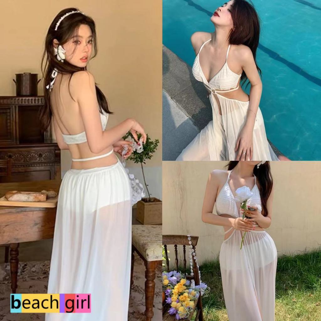 👙beachgirl👙White Bikini สไตล์เซ็กซี่ ชุดว่ายน้ำแฟชั่น ชุดไปทะเล เปิดหลัง 🚚 พร้อมส่งในไทย #0260