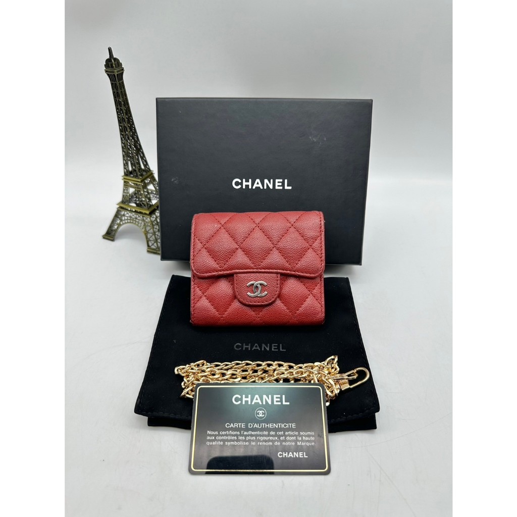 กระเป๋า Used Chanel trifold wallet Holo25 Red Caviar SHW