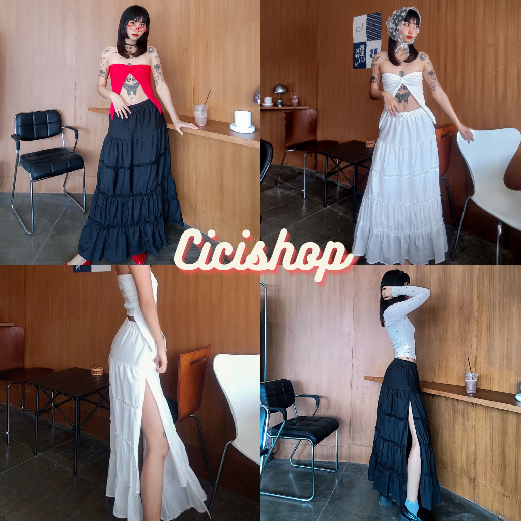 Cicishop(111)กระโปรงยาวผ่าข้าง ผ้าคอตตอล เอวสม็อค สไตล์มินิมอล