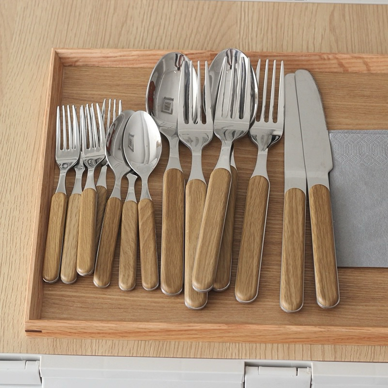 พร้อมส่ง ช้อนส้อมสแตนเลส ด้ามลายไม้ สไตล์เกาหลี grain wood