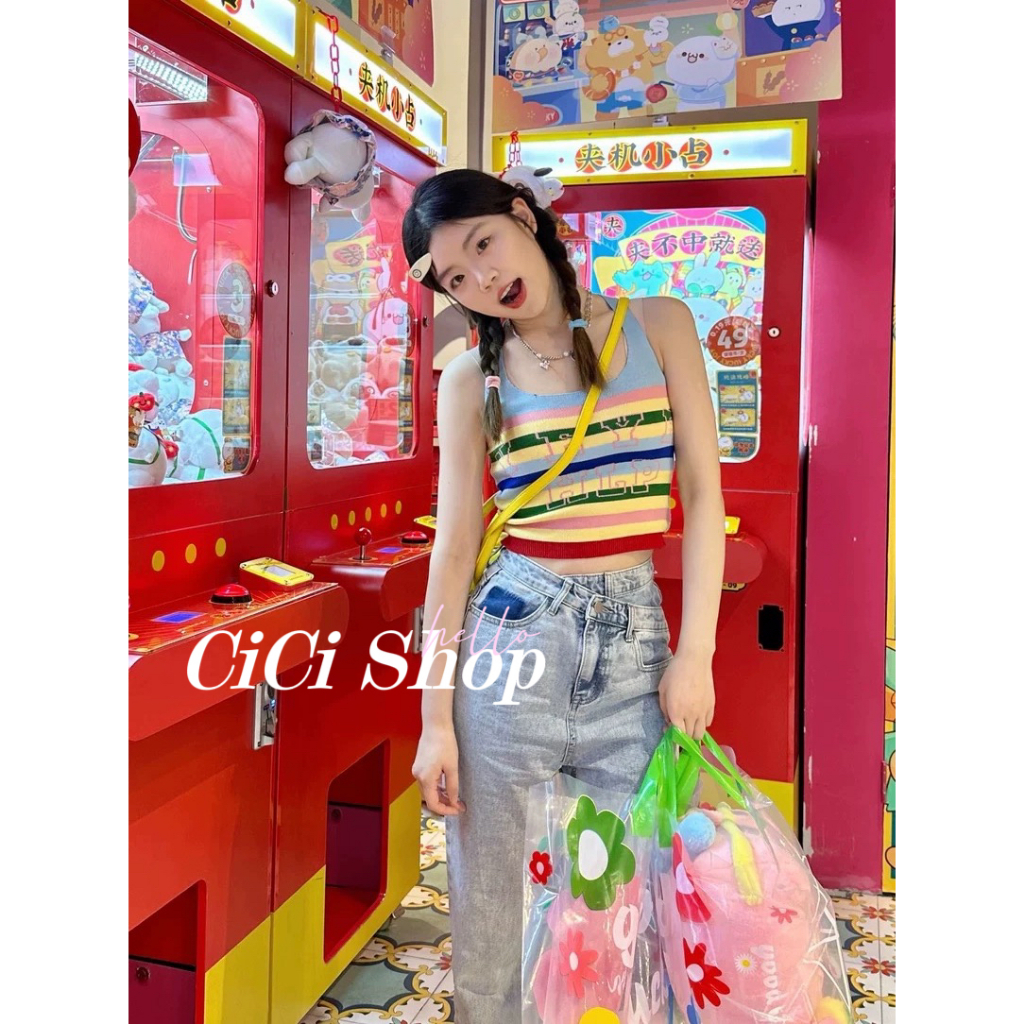 Cicishop(6589)เสื้อครอปสายเดี่ยวงานไหมพรม detail งานไขว้หลังสไตล์สาวเผ็ดหวาน