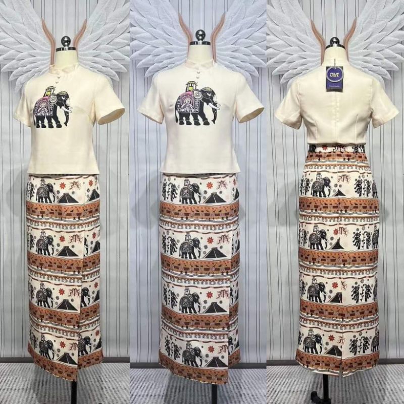 ป้าย Chalita เซ็ตเสื้อแขนสั้น คอจีน พร้อมกระโปรง ลายช้างไทย