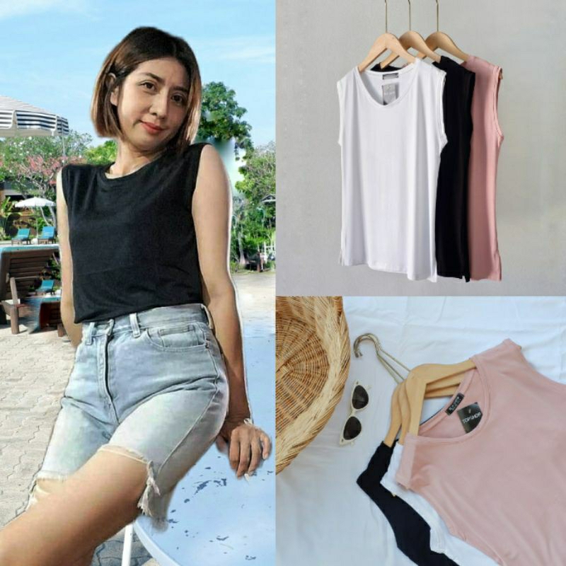 เสื้อคอกลมแขนกุด ผ่าข้าง ทรงปล่อยผ้าเรย่อนเนื้อนิ่มเด้ง