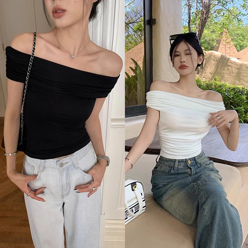 🎨2สี 3ไซส์🎨Sexy T-shirts เสื้อ เสื้อยืดแขนสั้นไหล่เดียวสีขาวผู้หญิง แฟชั่นเกาหลีย้อนยุค เซ็กซีเบาๆ ผ้าใส่สบาย ดูผอมลง