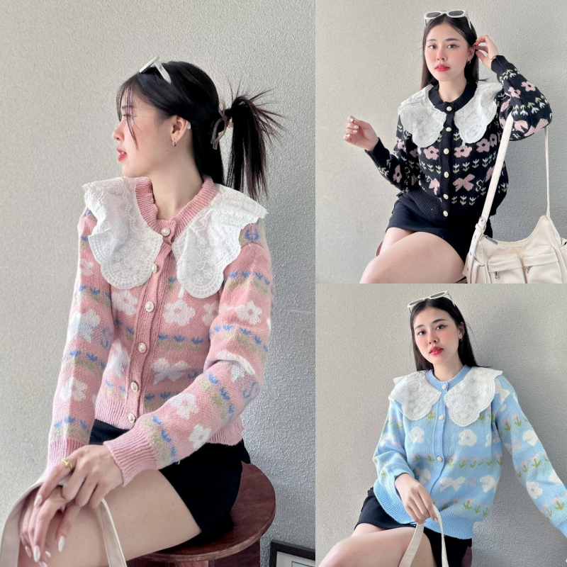SpinnyHouse เสื้อคลุมกันแดดกันลม ผ้าไหมพรม แต่งคอระบายน่าร้ก งานพร้อมส่งจ้า ใส่เที่ยวคาเฟ่ รุ่น ดอกฟ้า