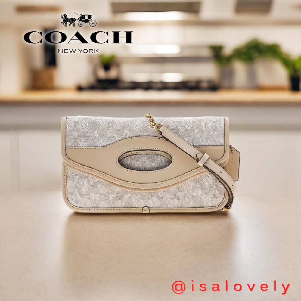 📌Isa Lovely Shop📌  COACH CA358 FOLDOVER CUT OUT CLUTCH CROSSBODY IN SIGNATURE JACQUARD B4/CHALK IVORY