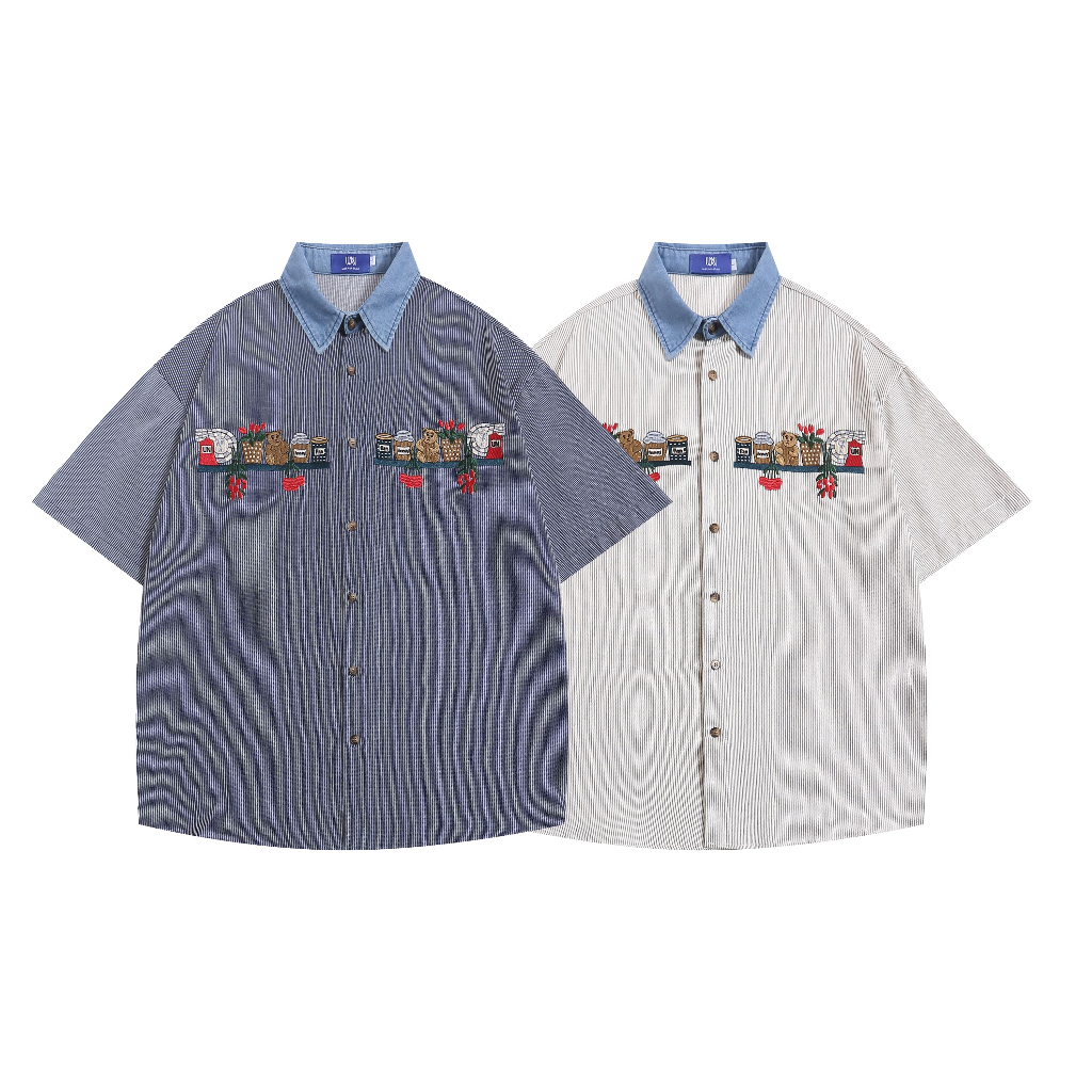 A.M BOY [เอเอ็ม บอย] BROWN BEAR STRIPES คอปกยีนส์ลายริ้วปักหมี UN#845