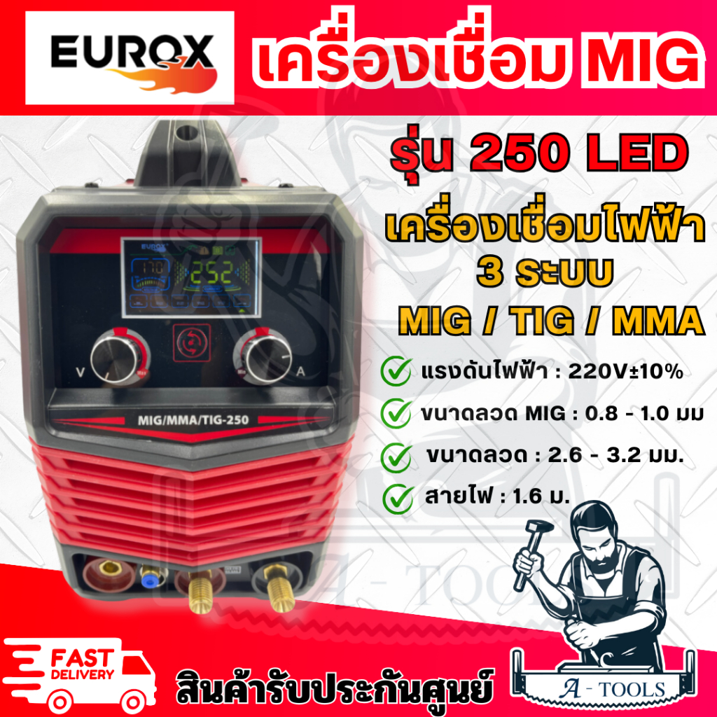 EUROX เครื่องเชื่อม MIG เครื่องเชื่อมไฟฟ้า 3 ระบบ MIG/TIG/MMA รุ่น 250 LED มีหน้าจอแสดงผมแบบ LED**สิินค้าพร้อมส่ง**