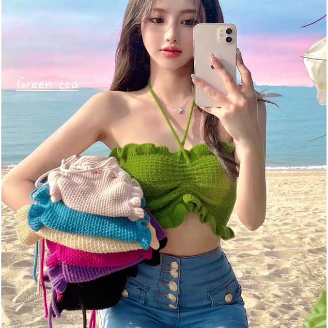 STR พร้อมส่งจากกทม. เสื้อเกาะอกไหมพรมknitting กิมมิคทอลาย ใส่ได้2ด้านทรงแซ่บเก๋มากๆ สำหรับผู้หญิง