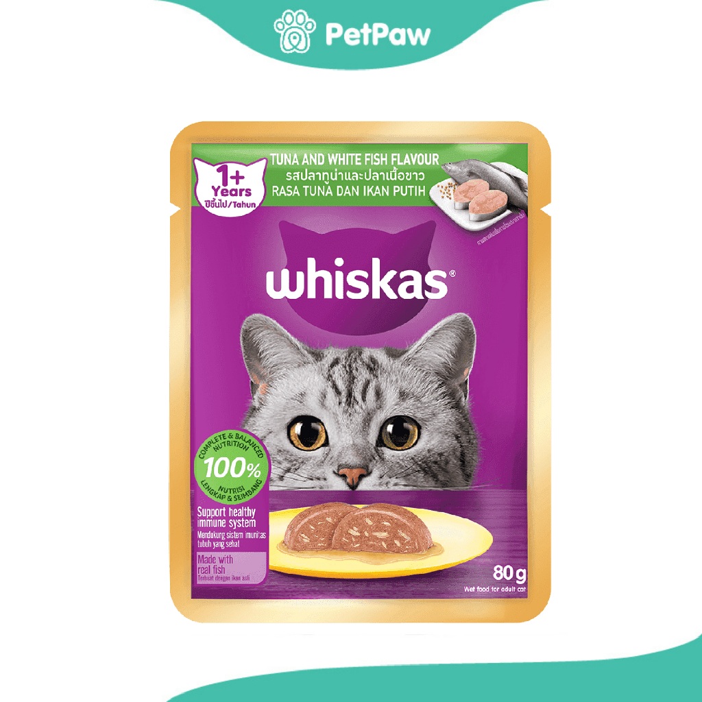[ ไม่เข้าร่วมE-TAX] Whiskas Pouch อาหารเปียกสำหรับแมวโต รส Tuna&White fish (ปลาทูน่า&ปลาเนื้อขาว) 80g.(80g.)