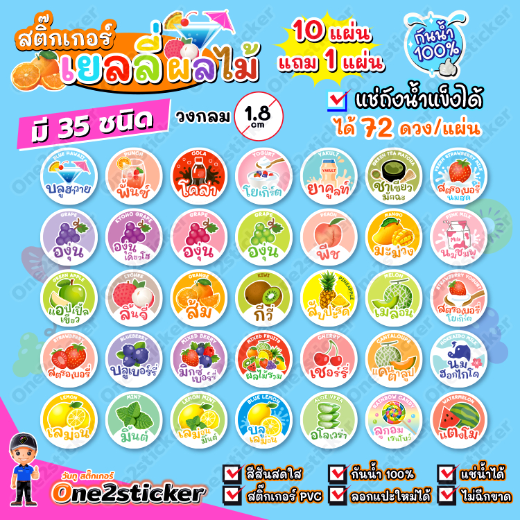 สติ๊กเกอร์ผลไม้เยลลี่ 35 ชนิด แผ่นละ 72 ดวง วงกลม 1.8 cm