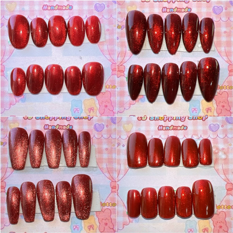 เล็บปลอมเล็บเจลแท้สีแดงลูกแก้ว🆓กาวตะไบในชุด