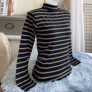 [037] เสื้อคอเต่า แขนยาว ลายริ้ว สีพื้น เต็มตัว ทรงสวยสไตล์เกาหลี
