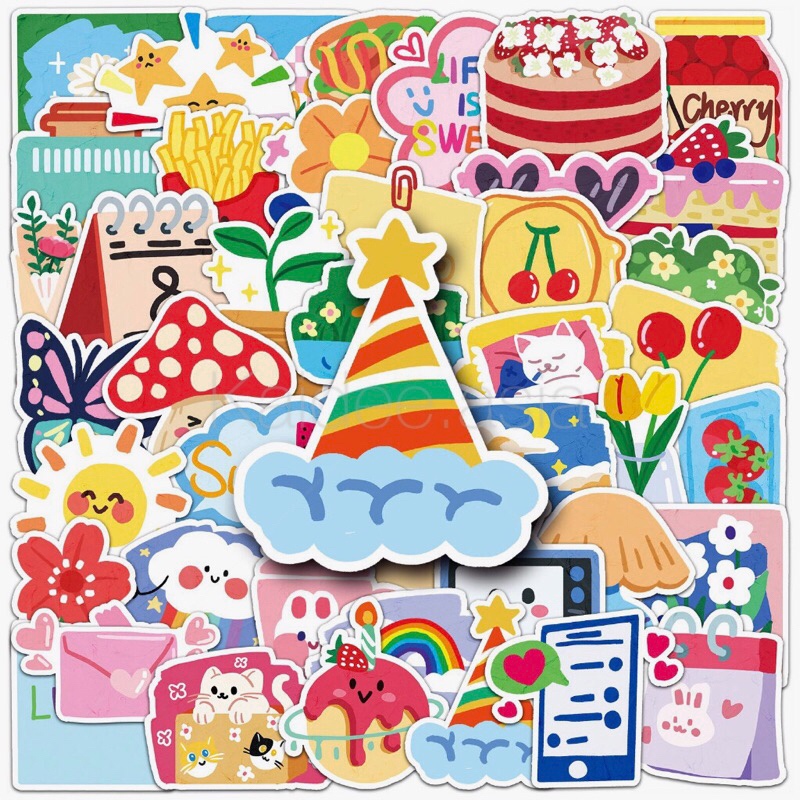 ขายดี Sticker S19 สติกเกอร์ ลายน่ารัก Lucky ดอกไม้ เค้ก กันน้ำ สำหรับตกแต่ง งาน DIY จำนวน 50 ชิ้น