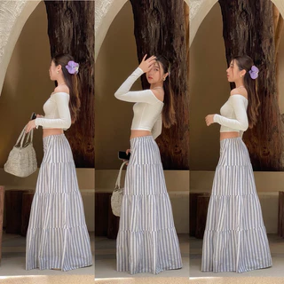 กระโปรงยาวชายระบายลายทางผ้าคอตต้อนลินิน Blossom bloom skirt 🌸