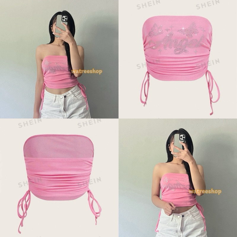 พร้อมส่งในไทย(227) เสื้อเกาะอก เกาะอก เข้ารูป แต่งเพชรเทียม รูดข้าง สีชมพู