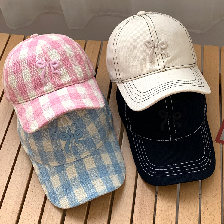 หมวกเบสบอล ปักลายสก๊อต ประดับโบว์น่ารัก