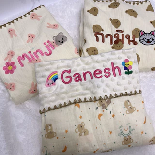 ผ้าห่มมัสลิน+ดอทมิ้ง (Ab102) - ทอ2ชั้น ถักขอบ ขนาดใหญ่ 110*100cm."ปักชื่อได้"