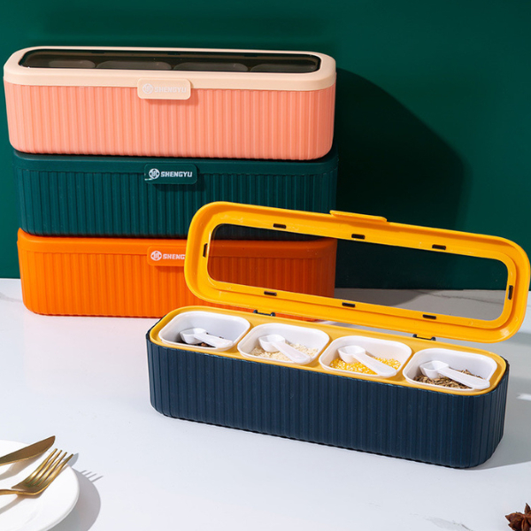 ID888 มาใหม่ ชุดกล่องปรุงรส พร้อมฝาปิด กล่องใส่เครื่องปรุง ใส่ของอเนกประสงค์ 4ช่อง