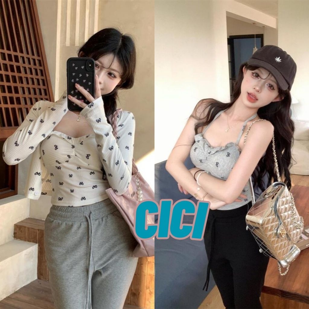 ส่งทันที Cici(NO. J1005)set 2 ชิ้น สายเดี่ยวคล้องคอ detail แต่งลายโบว์มีฟองน้ำให้ในตัวพร้อมเสื้อคลุมแขนยาว