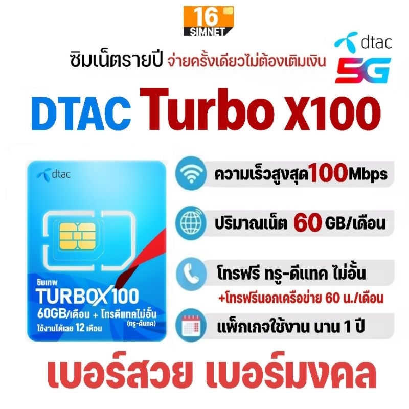ซิมเทพ​ ดีแทค Turbox100 เน็ต​แรง​ MaxSpeed 60GB/เดือน + โทรฟรีทรู-ดีแทค นาน​ 1​ ปี​​ ​#เลือกเบอร์สวย​ เบอร์มงคล