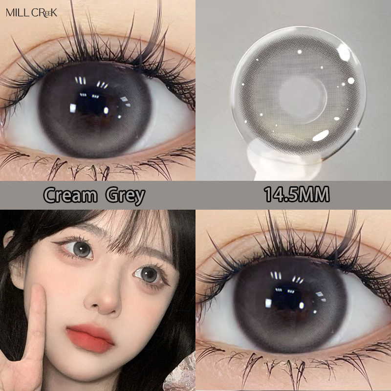 【24-hour shipping】MILL CREEK คอนแทคเลนส์สีเทาครีมไฮไลท์ 14.5 มม. คอนแทคเลนส์ตาโต 0 องศาคอนแทคเลนส์