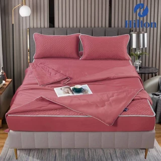 Hilton ผ้าปูที่นอนยางพาราเย็น+ผ้าห่มไหมเย็น Set4ชิ้น สีพื้น6ฟุต เกรดพรีเมี่ยม ผ้านุ่มลื่นเย็นสบา#HTJ