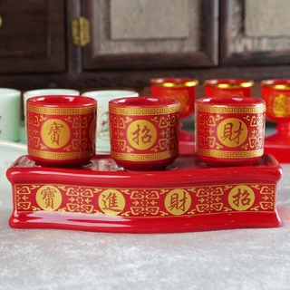 ชุดน้ำชา 3 และ 5 ใบ สีแดง พร้อมฐานโค้ง ลายเจียไช้จินป้อ เซรามิคเกรดA สำหรับไหว้องค์พระ ไหว้เจ้าที่