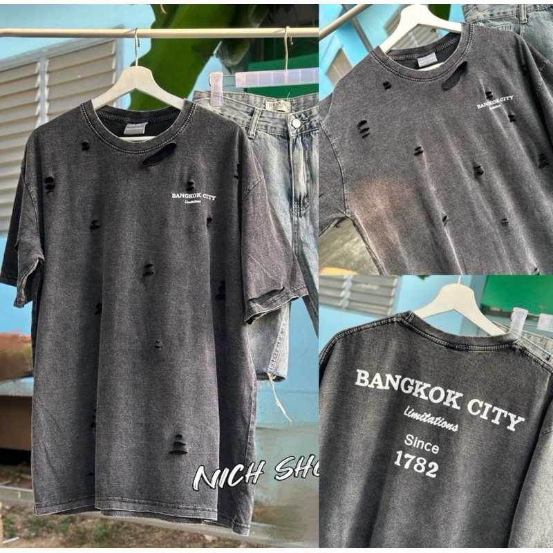 เสื้อยืดวินเทจ ผ้าฟอกแต่งขาดๆรอยเล็กๆ สกินหน้าหลังงานป้าย อก46