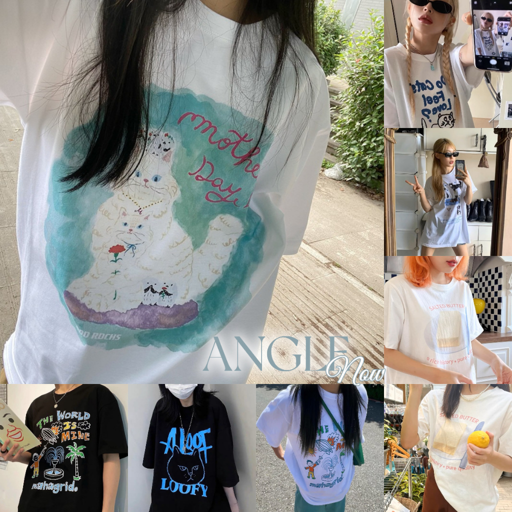 （จัดส่งตลอด 24 ชั่วโมง）Angle officialเสื้อยืด Oversize ผ้าCotton100%แฟชั่นสไตล์เกาหลีโอเวอร์ไซส์ สกรีนลายสวยงาม พร้อมส่ง