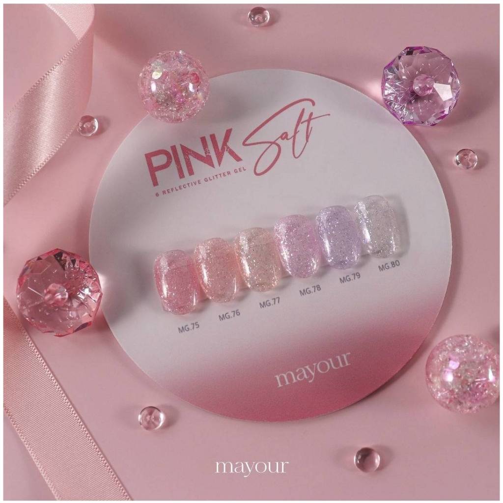 เซตสีเจลเกาหลีMayour🇰🇷Pink Soft collection 6 สีflash glitter พร้อมชาร์ตสีเปล่า ไม่มีเล็บทิป ของแท้นำ