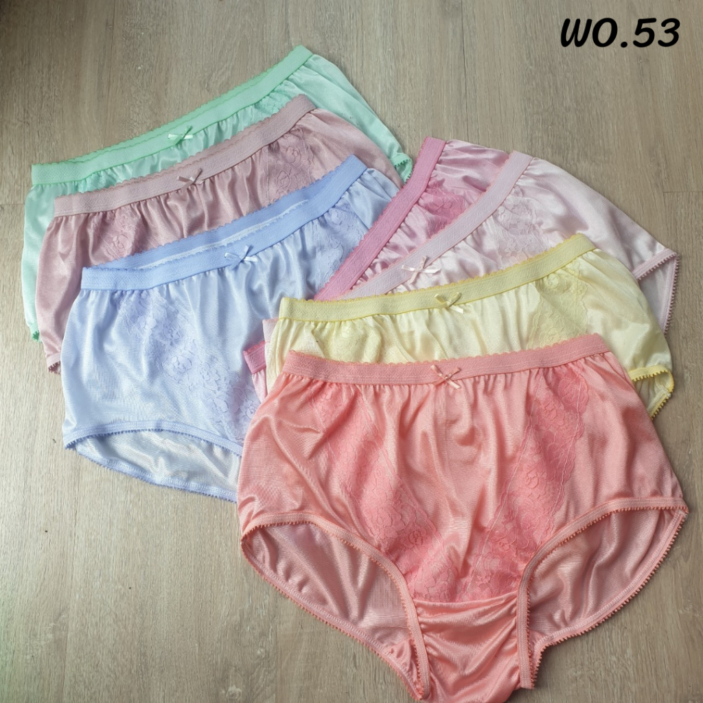 เเพค 5-10 ตัว wo.53 กางเกงในผ้าไนล่อน เเต่งลูกไม้ นิ่มลื่นใส่สบาย มีให้เลือก 4 ขนาด M-L-XL-LL – โปรปัง