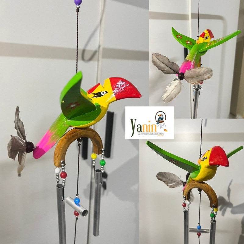 โมบายกระดิ่งลม นกเกาะ สลักไม้สองแท่ง(พร้อมหางขนไก่)โมบายแขวน