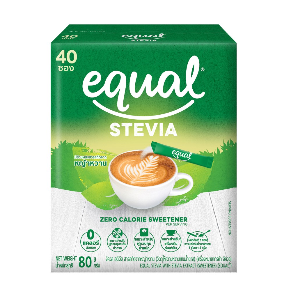 อีควล สตีเวีย หญ้าหวาน แทนน้ำตาล Equal Stevia No Calorie Sweetener 0 Cal 100 ซอง(Sticks)