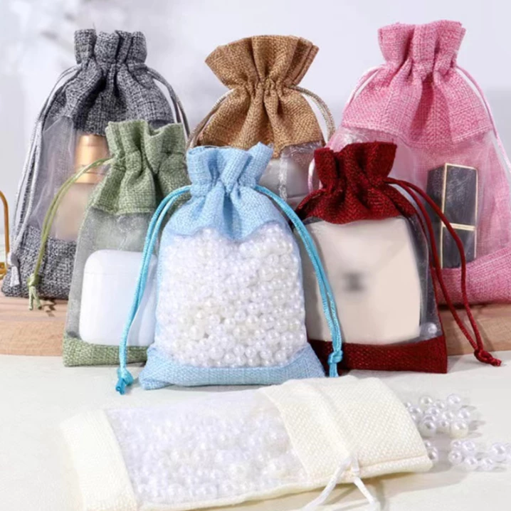 ✅พร้อมส่ง✅ถุงผ้ากระสอบหน้าใส ถุงหูรูด ใส่ของชำร่วย เครื่องประดับ
