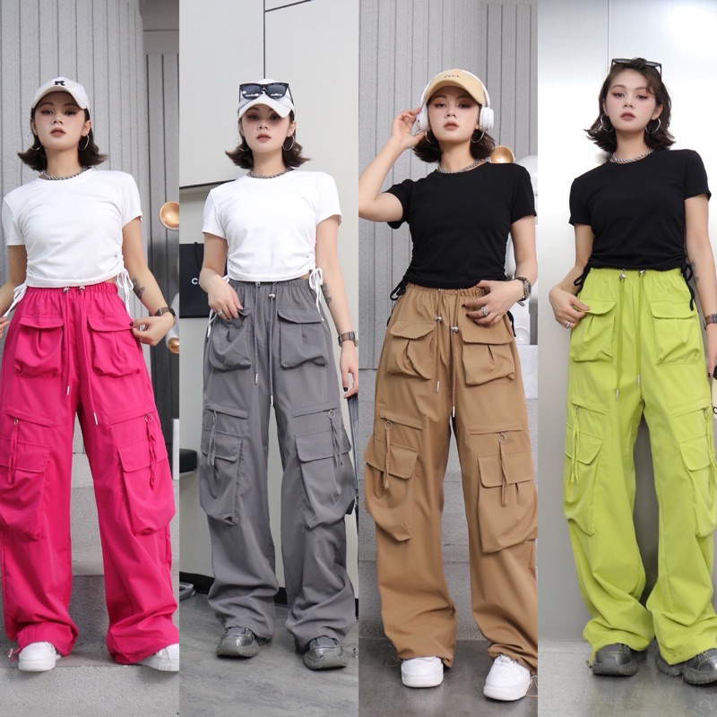 Lady_jeans #9825(A) (โค้ด LADYJMAY ลด 15%)กางเกงขายาวคาร์โก้ ผ้าร่ม ใส่สงกรานต์ กระเป๋าเยอะ