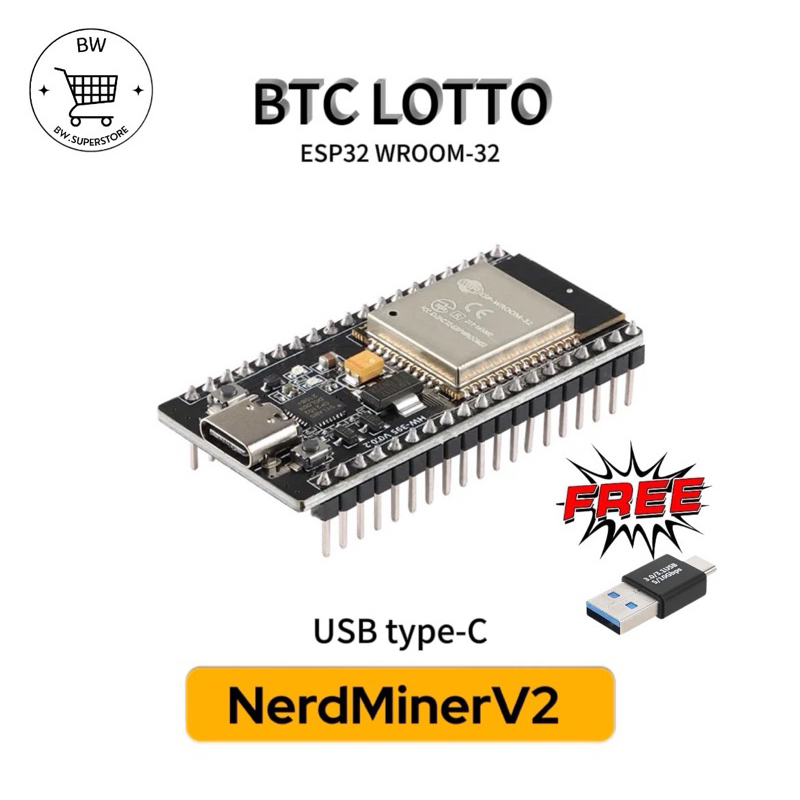 BTC LOTTO ESP32 WROOM-32 USB Type-C เครื่องขุดบิทคอยน์แบบ SOLO / BITCOIN LOTTERY Nerd Miner แถมฟรี A