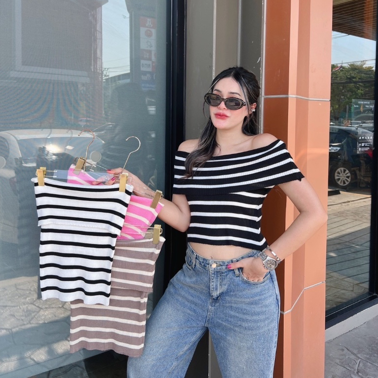 Tinky top เสื้อปาดไหล่ลายทาง (ผ้าไหมพรม) สาวอวบใส่ได้ เสื้อผ้าแฟชั่นผู้หญิง - S46